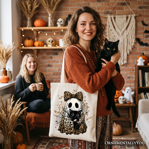 Leopard Bow Ghost with Black Cat Tote Bag, Spooky Halloween Spider Web Gift Shopper — view 7