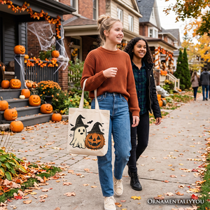 Witch Hat Ghost and Pumpkin Tote Bag, Vintage Halloween Jack O’ Lantern Gift Shopper — view 7