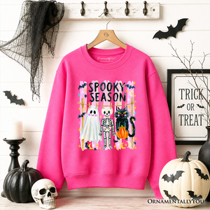 Spooky Season Ghost Skeleton Cat Sweatshirt, Colorful Halloween Costume Sweater — view 7