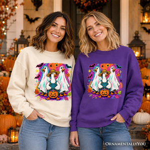 Trick or Treat Geese Sweatshirt, Colorful Halloween Ghost Costume Sweater — view 7