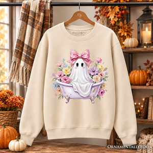Pink Bow Bathtub Ghost Sweatshirt, Floral Coquette Halloween Sweater — view 7