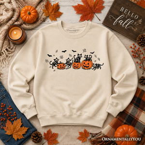 Skeleton Cats and Pumpkins Sweatshirt, Spooky Halloween Black Cat Sweater — view 7
