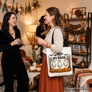 Boho Spooky Season Ghost Tote Bag, Cute Halloween Gift Shopper with Fall Pumpkins — view 7