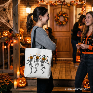 Dancing Skeletons with Pumpkin Head Tote Bag, Dry Bones Come Alive Halloween Fun Gift Shopper — view 7