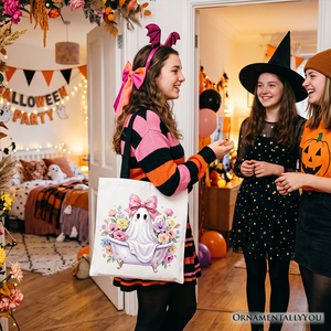 Pink Bow Bathtub Ghost Tote Bag, Floral Coquette Halloween Gift Shopper — view 7