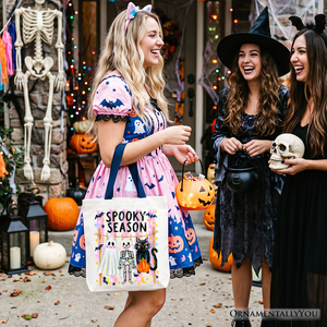 Spooky Season Ghost Skeleton Cat Tote Bag, Colorful Halloween Costume Gift Shopper — view 7