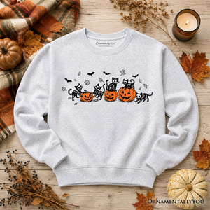 Skeleton Cats and Pumpkins Sweatshirt, Spooky Halloween Black Cat Sweater — view 8