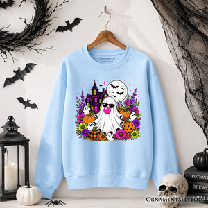 Bubblegum Ghost Haunted House Sweatshirt, Colorful Floral Halloween Pumpkin Sweater — view 8