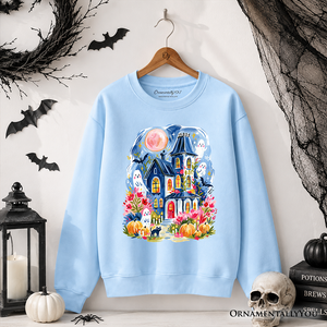 Watercolor Haunted House Sweatshirt, Colorful Ghost Pumpkin Halloween Sweater — view 8