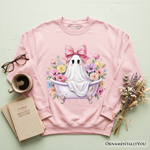 Pink Bow Bathtub Ghost Sweatshirt, Floral Coquette Halloween Sweater — view 8