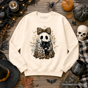 Leopard Bow Ghost with Black Cat Sweatshirt, Spooky Halloween Spider Web Sweater — view 8