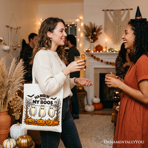 Boho Spooky Season Ghost Tote Bag, Cute Halloween Gift Shopper with Fall Pumpkins — view 8