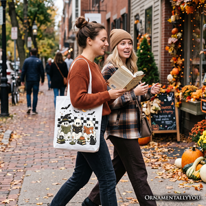 Bookish Ghosts Reading Tote Bag, Checkered Halloween Witch Cat Gift Shopper — view 8