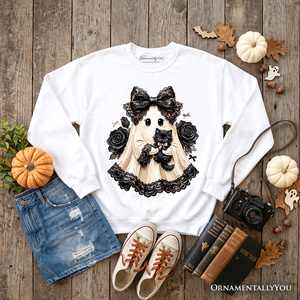 Gothic Ghost with Black Cat Sweatshirt, Black Rose Coquette Halloween Sweater — view 8