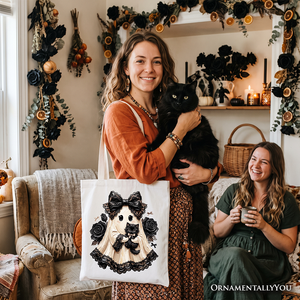 Gothic Ghost with Black Cat Tote Bag, Black Rose Coquette Halloween Gift Shopper — view 8
