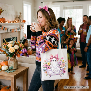 Pink Bow Bathtub Ghost Tote Bag, Floral Coquette Halloween Gift Shopper — view 8