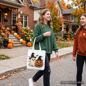 Witch Hat Ghost and Pumpkin Tote Bag, Vintage Halloween Jack O’ Lantern Gift Shopper — view 8