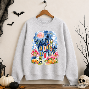 Watercolor Haunted House Sweatshirt, Colorful Ghost Pumpkin Halloween Sweater — view 9