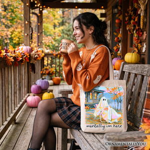 Mentally I’m Here Ghost Tote Bag, Cozy Fall Halloween Cabin Gift Shopper — view 9