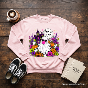Bubblegum Ghost Haunted House Sweatshirt, Colorful Floral Halloween Pumpkin Sweater — view 9