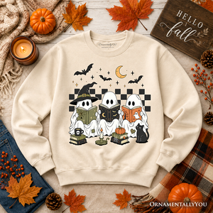 Bookish Ghosts Reading Sweatshirt, Checkered Halloween Witch Cat Sweater — view 9
