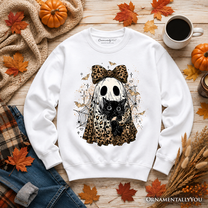 Leopard Bow Ghost with Black Cat Sweatshirt, Spooky Halloween Spider Web Sweater — view 9