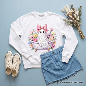 Pink Bow Bathtub Ghost Sweatshirt, Floral Coquette Halloween Sweater — view 9