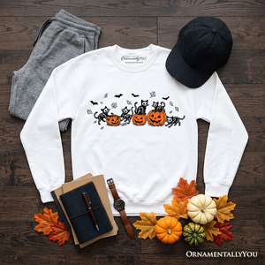 Skeleton Cats and Pumpkins Sweatshirt, Spooky Halloween Black Cat Sweater — view 9