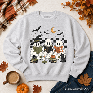 Bookish Ghosts Reading Sweatshirt, Checkered Halloween Witch Cat Sweater — view 10