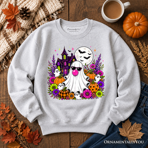 Bubblegum Ghost Haunted House Sweatshirt, Colorful Floral Halloween Pumpkin Sweater — view 10