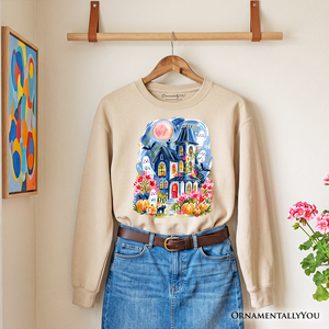 Watercolor Haunted House Sweatshirt, Colorful Ghost Pumpkin Halloween Sweater — view 10