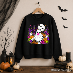 Bubblegum Ghost Haunted House Sweatshirt, Colorful Floral Halloween Pumpkin Sweater — view 11
