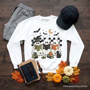 Bookish Ghosts Reading Sweatshirt, Checkered Halloween Witch Cat Sweater — view 11