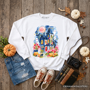 Watercolor Haunted House Sweatshirt, Colorful Ghost Pumpkin Halloween Sweater — view 11