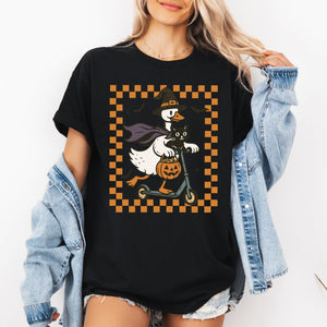 Funny Halloween Goose, Black Cat, Witch, Checkered Cartoon Illustration Graphic Tee — view 2