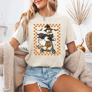 Funny Halloween Goose, Black Cat, Witch, Checkered Cartoon Illustration Graphic Tee — view 1