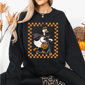 Funny Halloween Goose Black Cat Witch Checkered Parade Graphic Print Edition Sweatshirt — view 2