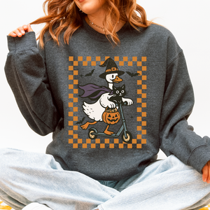 Funny Halloween Goose Black Cat Witch Checkered Parade Graphic Print Edition Sweatshirt — view 4
