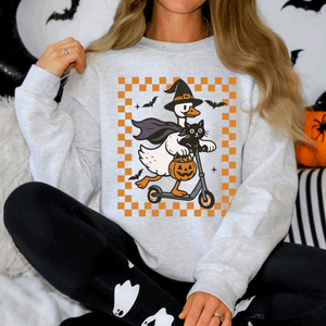 Funny Halloween Goose Black Cat Witch Checkered Parade Graphic Print Edition Sweatshirt — view 3