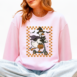 Funny Halloween Goose Black Cat Witch Checkered Parade Graphic Print Edition Sweatshirt — view 7