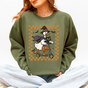 Funny Halloween Goose Black Cat Witch Checkered Parade Graphic Print Edition Sweatshirt — view 5