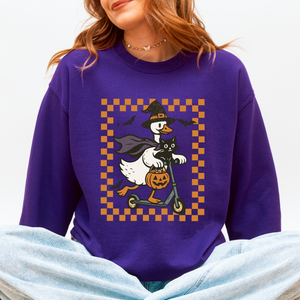 Funny Halloween Goose Black Cat Witch Checkered Parade Graphic Print Edition Sweatshirt — view 6