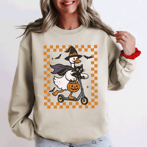 Funny Halloween Goose Black Cat Witch Checkered Parade Graphic Print Edition Sweatshirt — view 1