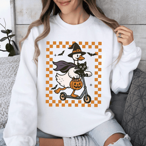 Funny Halloween Goose Black Cat Witch Checkered Parade Graphic Print Edition Sweatshirt — view 8