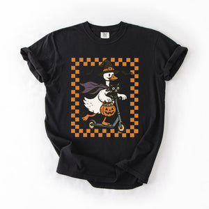 Funny Halloween Goose With Black Cat Witch Checkered Scene Artwork Comfort Colors Tee — view 4