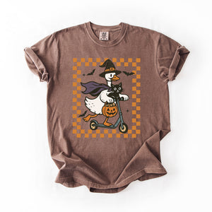 Funny Halloween Goose With Black Cat Witch Checkered Scene Artwork Comfort Colors Tee — view 5