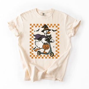 Funny Halloween Goose With Black Cat Witch Checkered Scene Artwork Comfort Colors Tee — view 1