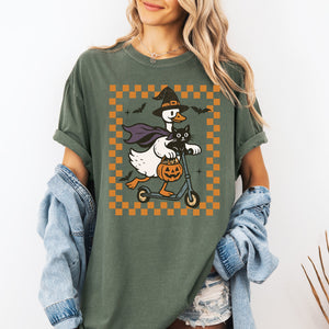 Funny Halloween Goose With Black Cat Witch Checkered Scene Artwork Comfort Colors Tee — view 3