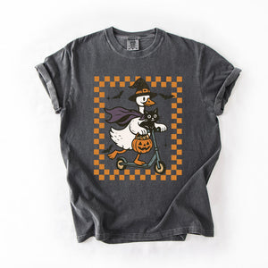 Funny Halloween Goose With Black Cat Witch Checkered Scene Artwork Comfort Colors Tee — view 2