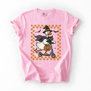 Funny Halloween Goose With Black Cat Witch Checkered Scene Artwork Comfort Colors Tee — view 6